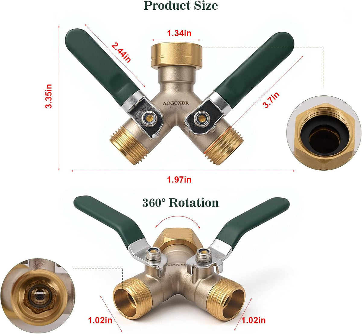 2 Way Garden Hose Splitter, Brass Y-Valve Hose Splitter. | Brass Garden Hose Splitter, 2 Way Heavy Duty Faucet Splitter with Shut Off Valve, 3/4" GHT Thread, Hose Bib Adapter