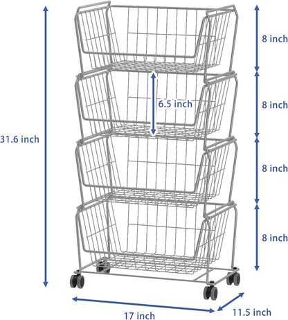 PUSDON 6-Tier Tall Stackable Wire Storage Baskets with Wheels, Vertical Metal Rolling Utility Cart, High Capacity Produce Basket for Kitchen Pantry, Snack Organizer, Matte Black