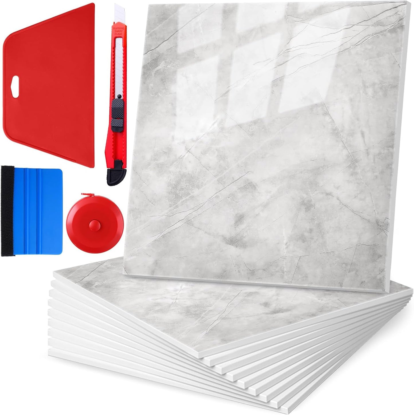 Nuanchu 36 Pcs Peel and Stick Shower Waterproof Tiles Wall Panels 12 x 12 Inch Self Adhesive Backsplash with Ruler Knife & 2 Scrapers for Washroom Bathroom Living Room, Not Real Tile (Grey Marble)