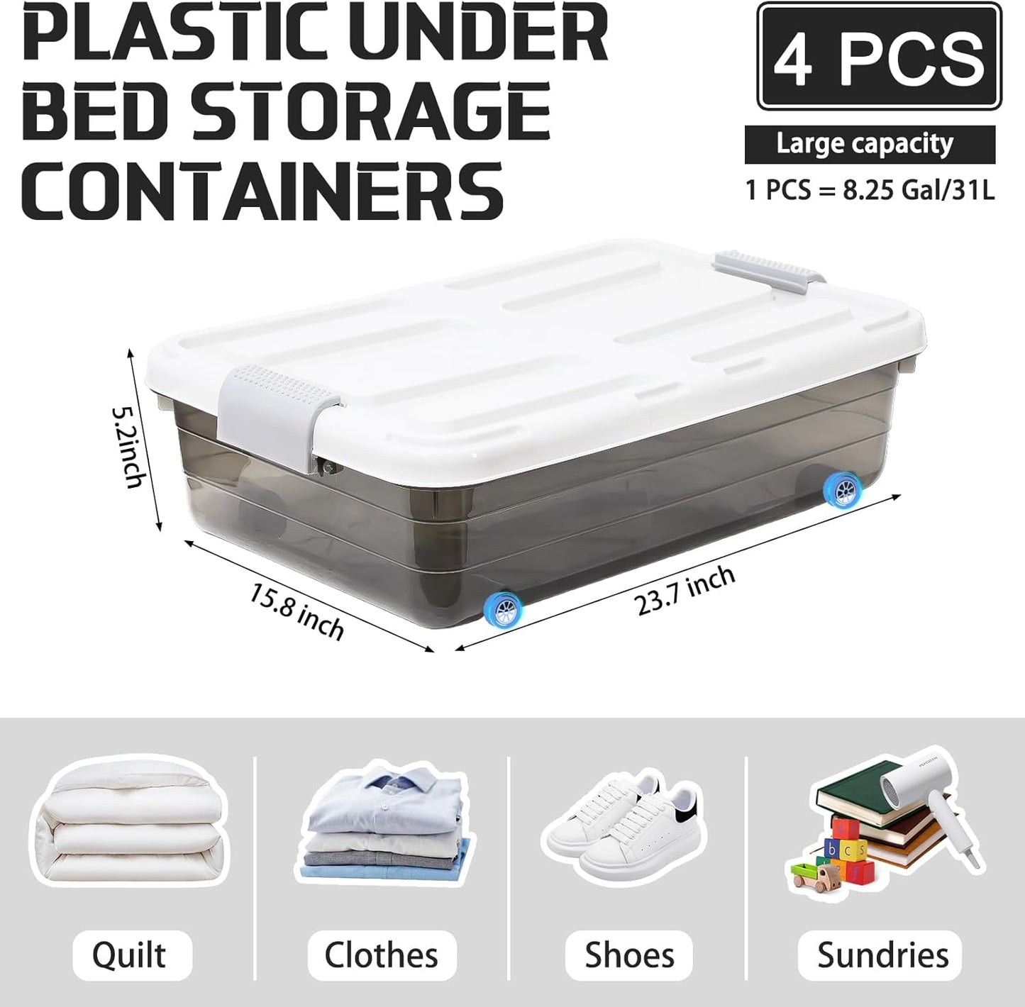 Beeveer 4 Pcs Plastic Under Bed Storage Containers with Lid Wheel Handle, Transparent Large Capacity Stackable Latching Storage Bins for Closet Bedroom Clothes Shoes Blanket(23.7 x 15.8 x 5.2,White)