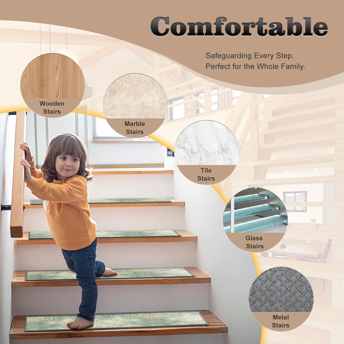 Non Slip Stair Treads for Wooden Steps, 15 Pack 8"x30" Washable Carpet | 8x30 in soft chenille polyester stair treads with reusable TPE backing for indoor wood stairs, dogs, kids, and seniors