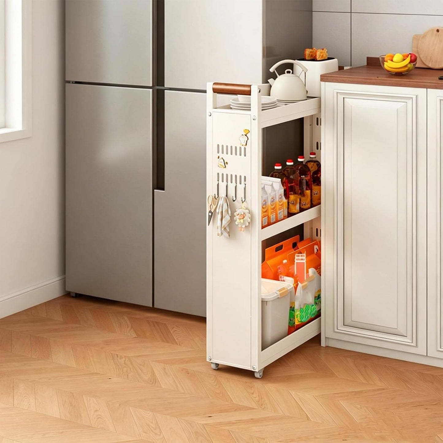 Slim Fridge Gap Storage Cart,All Carbon Steel Adjustable Rolling Kitchen Shelving Organizer with Wheels for Refrigerator Side Cabinet Narrow Space(3-Tier 5.5 * 15.7 * 26.0in)