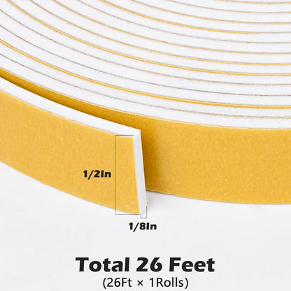 ToLanbbt White Door Window Weather Stripping Self Adhesive Foam Tape High Density Foam Sealing Strip Window Insulation Weatherproof Gasket Tape for Doors and Windows (1/2" W X 1/8" T X 16.5')