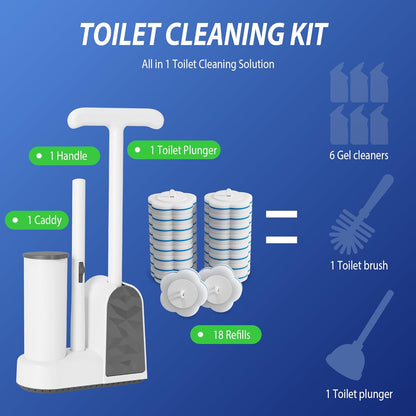 Disposable Toilet Brush and Plunger Set, Dual Handdle Toilet Plunger, All-in-1 Bathroom Cleaning Kit with 18PCS Refills, Toilet Cleaning Stick and Ventilated Holder