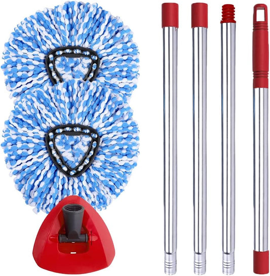 ANREKEYH Spin Mop Head, Base, Handle Replacement for O-Ceda EasyWring Microfiber Spin Mops, 2 Microfiber Mop Refills, 1 Triangle Head Cover and 30-58in Handle Set Combo (White(1 Tank System))