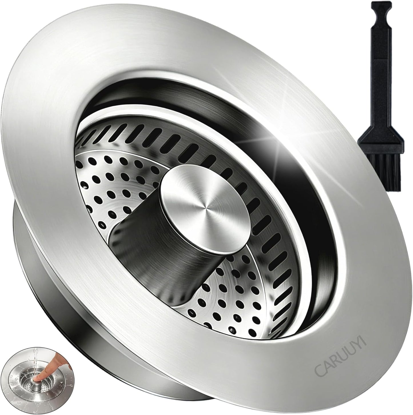 Kitchen Sink Drain Strainer for 3-1/2 Inch Drain Hole, 3-in-1 304 Stainless Steel Pop-Up Sink Strainer and Stopper with Anti-Clog Filter Basket & Food Catcher (Silver, 1 Pack)