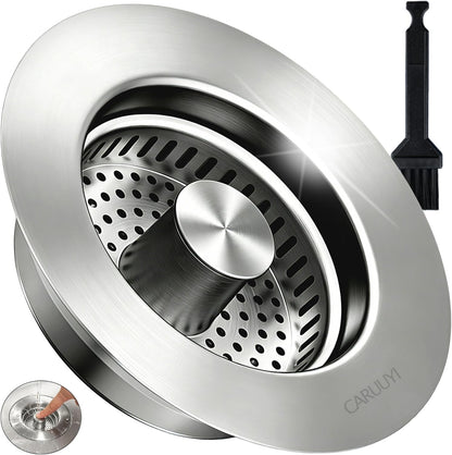Kitchen Sink Drain Strainer for 3-1/2 Inch Drain Hole, 3-in-1 304 Stainless Steel Pop-Up Sink Strainer and Stopper with Anti-Clog Filter Basket & Food Catcher (Silver, 1 Pack)
