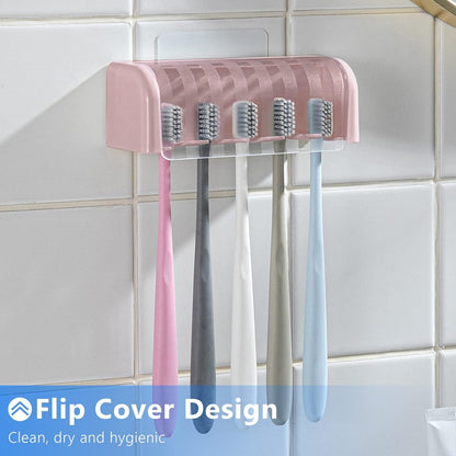 5 Slots Toothbrush Holder Wall Mount with Cover, Self Adhesive Toothbrushes Storage Organizer Perfect for Dorm Bathrooms and Shower, Holds 5 Toothbrushes. (White)