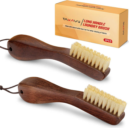 TAKAVU Laundry Stain Brush, Natural Black Boar Bristle, Safe on Delicates | Clothes Cleaning Scrubber, Stain Remover for Shirts, Collars, Cuffs & Shoes, Curved Beech Wood Handle with Hanging Loop