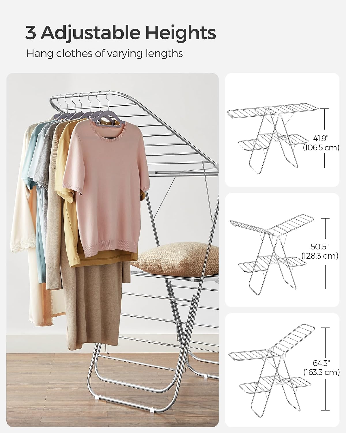 SONGMICS Clothes Drying Rack, with Sock Clips, Metal Laundry Rack, Foldable, Space-Saving, Free-Standing Airer, with 2 Height-Adjustable Gullwings, Indoor Outdoor Use, Gray ULLR052G01
