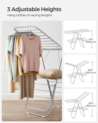 SONGMICS Clothes Drying Rack, with Sock Clips, Metal Laundry Rack, Foldable, Space-Saving, Free-Standing Airer, with 2 Height-Adjustable Gullwings, Indoor Outdoor Use, Gray ULLR052G01