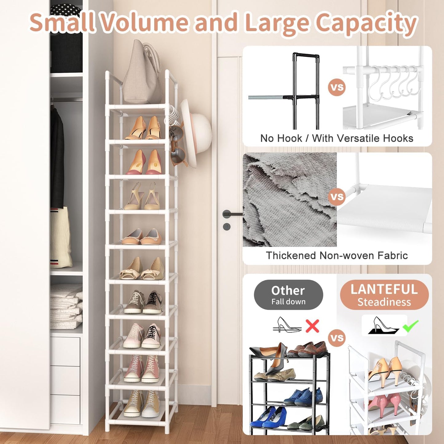 LANTEFUL Tall Narrow Shoe Rack for Entryway, 10-Tier Sturdy Metal Shoe Shelf Storage 10-15 Pairs of Shoes and Boots, Space Saving Corner Shoe Rack Organizer for Closet,Doorway,Garage,Living Room