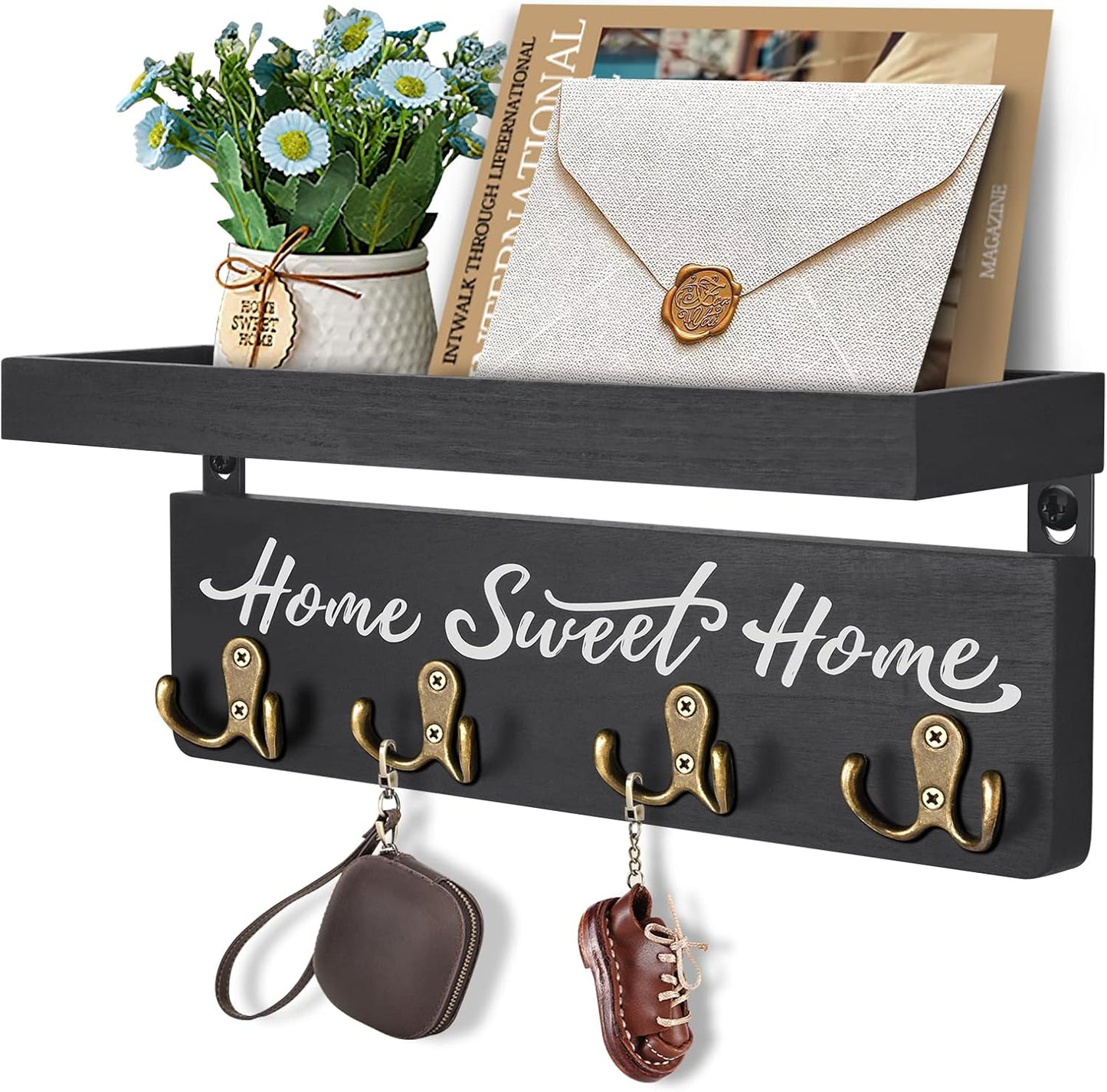 buways Key Holder Wall Mount with 4 Double Hooks-Solid Wood Wall-Mounted Organizer for Keys&Mail Rustic Key Rack Hanger Holder Home Decor for Entryway Living Room (Gray)