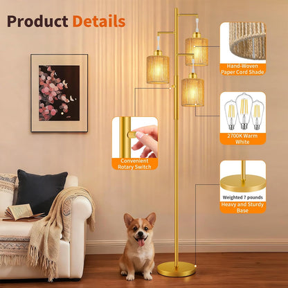 Hotsonic 72" Tall Boho Rattan Style Floor Lamp with Hand-Woven Paper Cord Shade, Dimmable Industrial Tree Standing Lamp for Living Room, Bedroom, Study Room, Office (3 x 800LM Bulbs Included) - Black