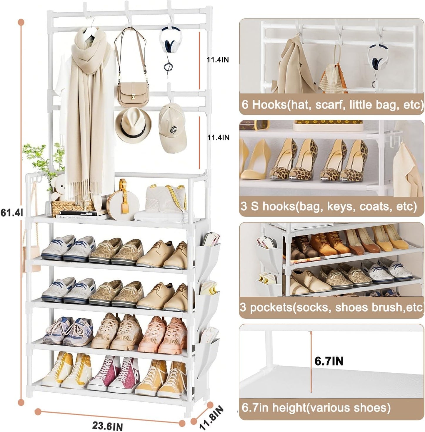 OYREL Shoe Rack 5 Tier Shoe Organizer Storage 15-20 Pairs Shoes Rack for Closet Entrance Shoe Rack Organizer with Hooks and Side Pocket Entryway Shoe Holder Space Saving Free Standing Shoe Racks