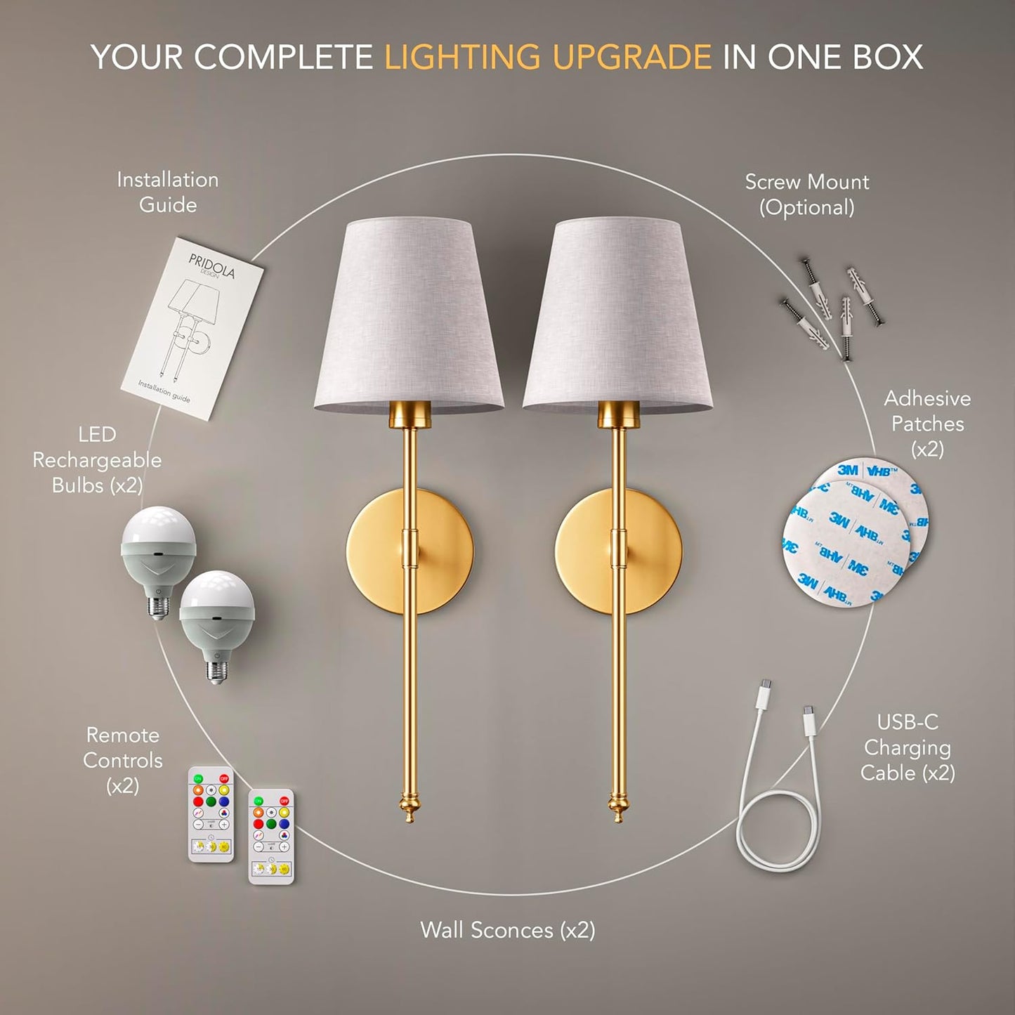 PRIDOLA Set of 2 Wireless Wall Sconces – Stick-On or Screw Mount - Rechargeable LED Bulbs, Remote Controlled, Adjustable Brightness & Warmth, Easy Installation, Living Room Wall Decor (Gold)