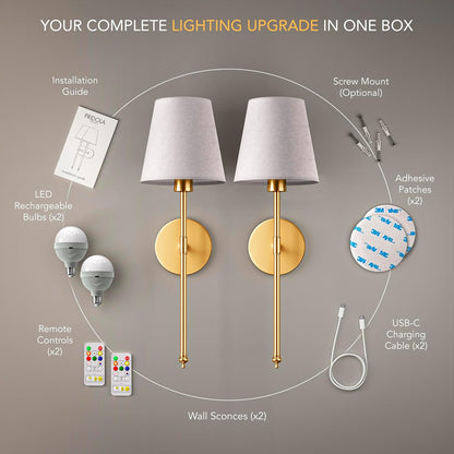 PRIDOLA Set of 2 Wireless Wall Sconces – Stick-On or Screw Mount - Rechargeable LED Bulbs, Remote Controlled, Adjustable Brightness & Warmth, Easy Installation, Living Room Wall Decor (Gold)