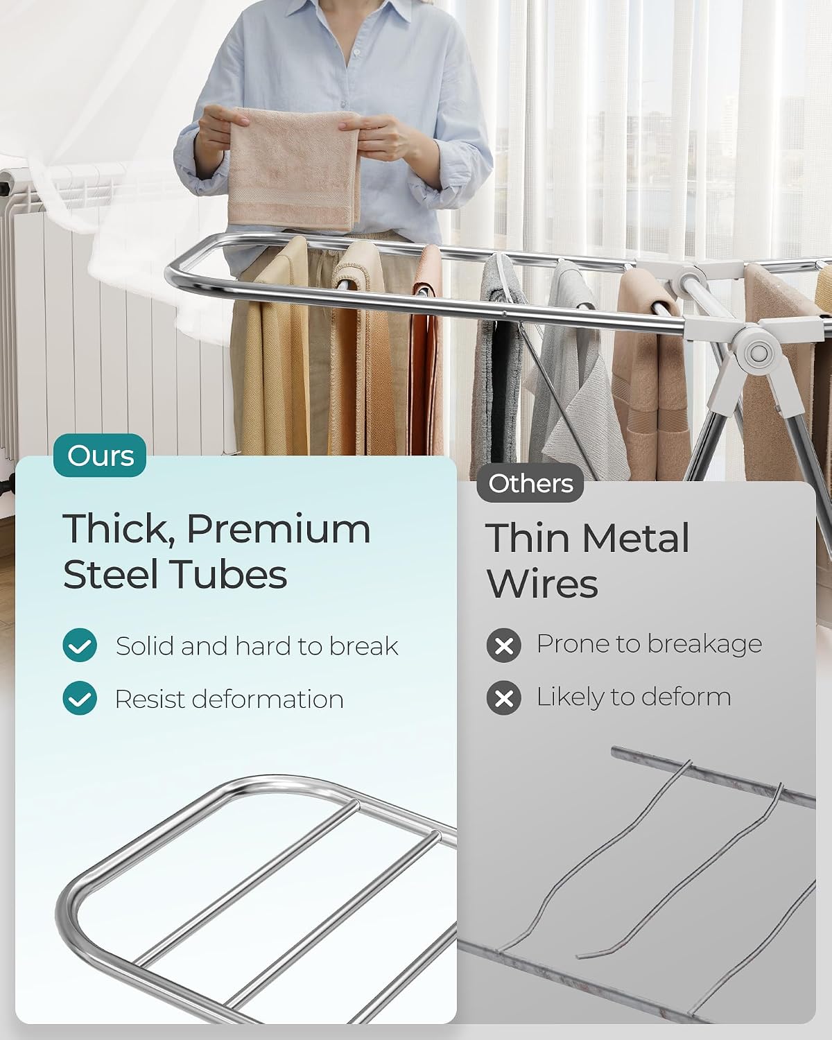 SONGMICS Clothes Drying Rack, Foldable Laundry Drying Rack, Blue | Sock Clips, Metal Clothes Airer with Height-Adjustable Gullwings, Space-Saving, Indoor Outdoor, ULLR505EQ01