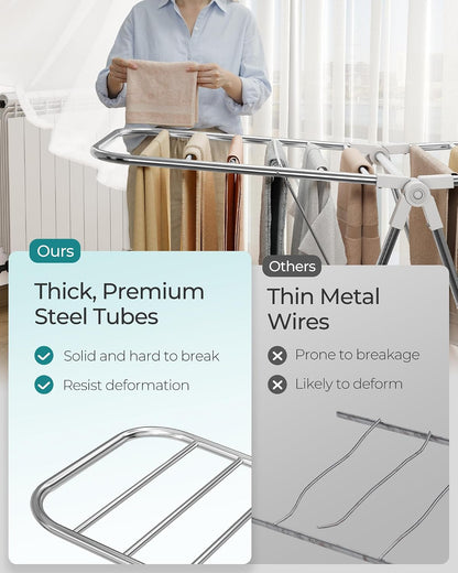SONGMICS Clothes Drying Rack, Foldable Laundry Drying Rack, Blue | Sock Clips, Metal Clothes Airer with Height-Adjustable Gullwings, Space-Saving, Indoor Outdoor, ULLR505EQ01