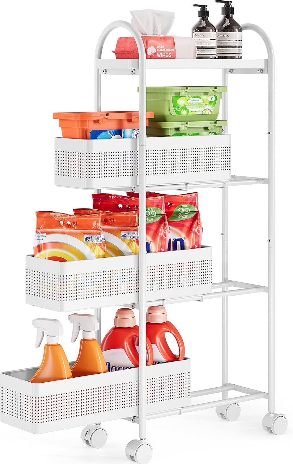 KINGRACK Slim Storage Cart with Drawer, 5-Tier Rolling Utility Cart on Wheels, Narrow Metal Cart for Space Save, Easy Assembly for Kitchen Cart, Craft Cart, Laundry, Bathroom, Nursery Organizer