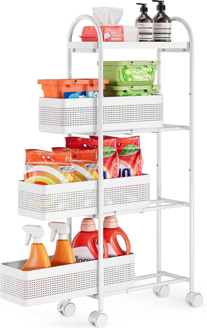 KINGRACK Slim Storage Cart with Drawer, 5-Tier Rolling Utility Cart on Wheels, Narrow Metal Cart for Space Save, Easy Assembly for Kitchen Cart, Craft Cart, Laundry, Bathroom, Nursery Organizer