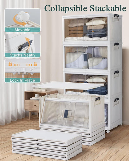 OlarHike 144QT Lockable Storage Bins with Lids - Folding Cabinet with Doors & Wheels, Collapsible Plastic Drawers for Dorm, Closets, Office, Game Day, College, Stackable Organizer, Gifts, 3 Pack