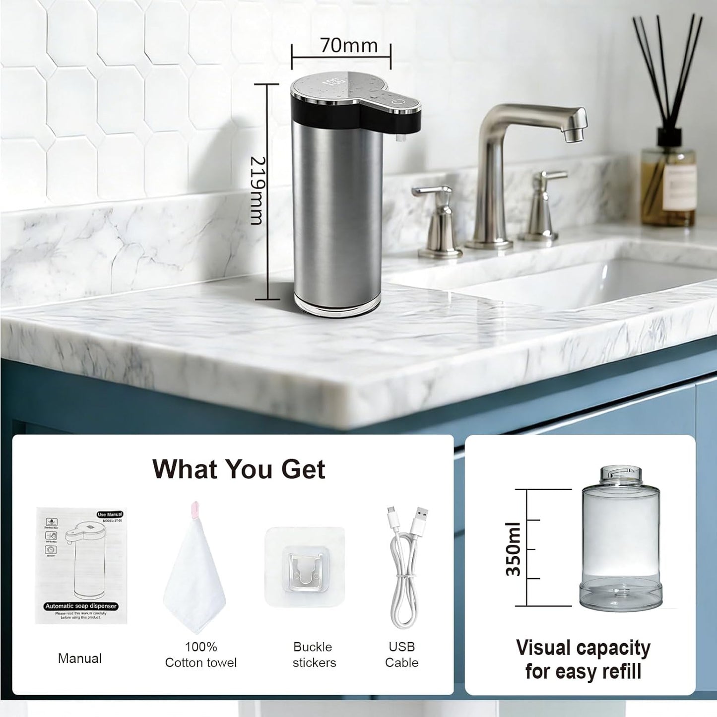 Automatic Soap Dispenser Touchless - 350ml 304 Stainless Steel, 0.25s Fast Activation, IPX5 Waterproof, 5000+ Uses per Charge, 4-Speed Foaming Soap Dispenser, Type-C Charging for Kitchen & Bathroom