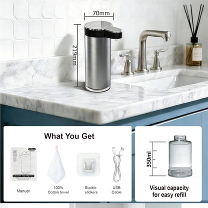 Automatic Soap Dispenser Touchless - 350ml 304 Stainless Steel, 0.25s Fast Activation, IPX5 Waterproof, 5000+ Uses per Charge, 4-Speed Foaming Soap Dispenser, Type-C Charging for Kitchen & Bathroom