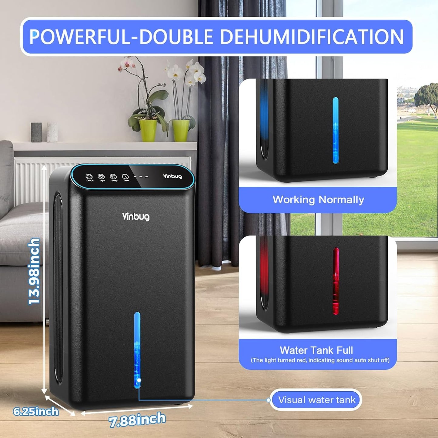 Dehumidifier for Home (98 OZ, 1000 sq ft), Small Quiet Dehumidifiers with Drain Hose, Auto Shut-Off, Sleep Mode, 3 Timer Modes, for Bedroom, Bathroom, Basement (CT6-Deep Black)