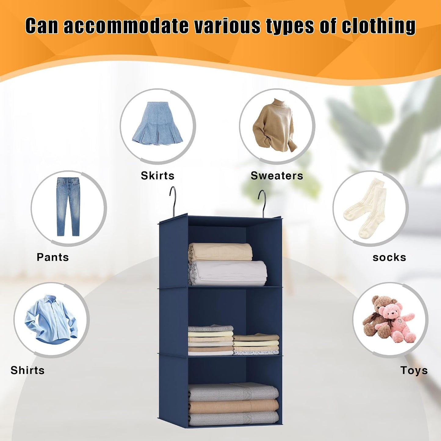 Hanging Closet Organizer 3-Shelf, Oxford Fabric Wardrobe Storage, Gray | Easy-mount foldable design holds clothes, handbags, shoes & accessories; washable Oxford fabric, sturdy and space-saving.