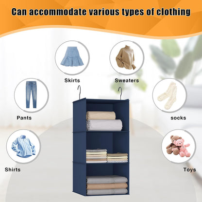 Hanging Closet Organizer 3-Shelf, Oxford Fabric Wardrobe Storage, Gray | Easy-mount foldable design holds clothes, handbags, shoes & accessories; washable Oxford fabric, sturdy and space-saving.