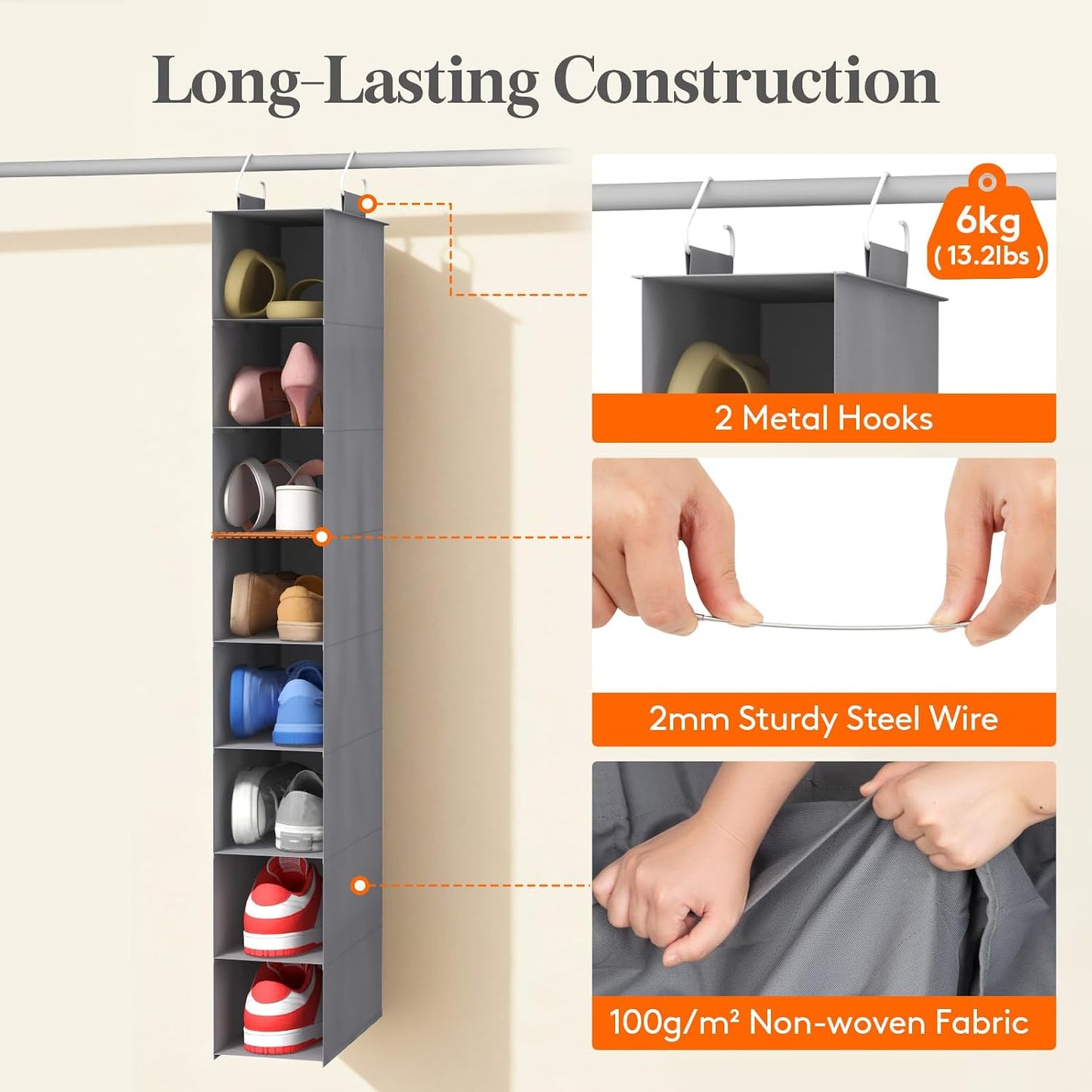 Lifewit 8 Section Hanging Shoe Organizer for Closet, Folding Shoe Racks, Fabric Shoes Storage with Two Hangers, Closet Organizers and Storage for Wardrode, Dorm, 11.8" L X 5.9" W X 41" H, Gray