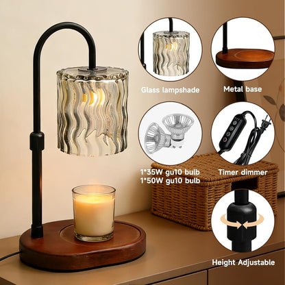 Candle Warmer Lamp with Timer, Dimmer, Vintage Glass Shade | Adjustable height, 2/4/8-hour timer, wood base, 2 bulbs included