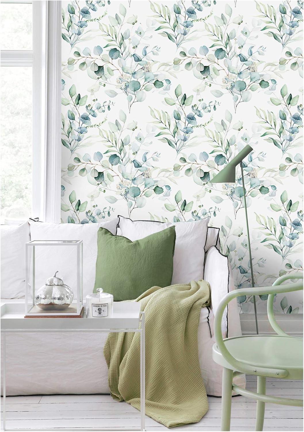 HAOKHOME Peel and Stick Wallpaper Boho Green/White Botanical Leaf Floral Wall Mural Home Nursery Decor Renter Friendly Wallpaper 17.3in x 9.8ft