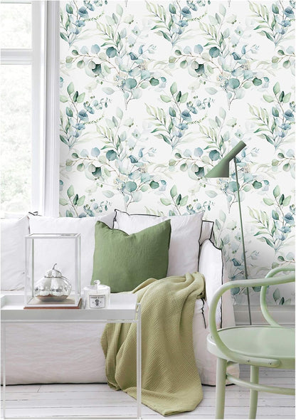 HAOKHOME Peel and Stick Wallpaper Boho Green/White Botanical Leaf Floral Wall Mural Home Nursery Decor Renter Friendly Wallpaper 17.3in x 9.8ft