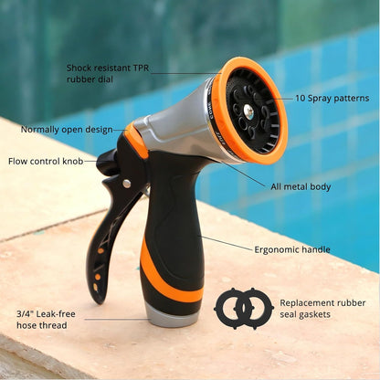 QUOBAS Metal Garden Hose Nozzle, Heavy Duty Water Hose Sprayer, Leak Proof | 10 Pattern Water Nozzle with Rubber Gasket, Garden Sprayer for Watering Plants, Washing Cars, Pet Shower, Blue