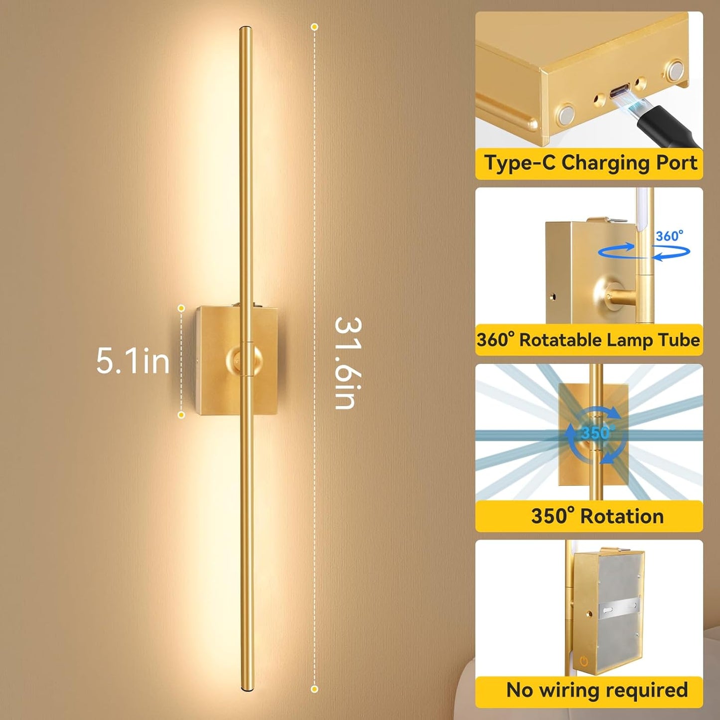 Ouyulong Battery Operated Wall Sconces Set of 2, 10000mAh Wireless Rechargeable 3000-6000K Dimmable 350° Rotate Wall Light with Remote for Living Room, Bedroom 31.6in Black