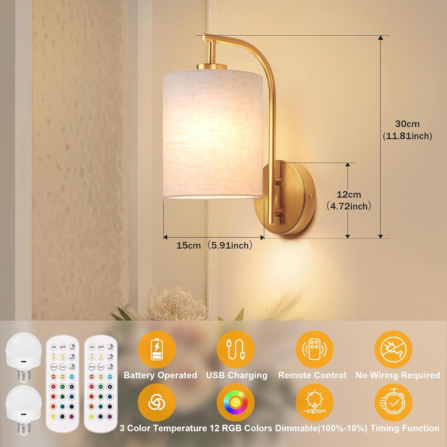 MATAMEYE Battery Operated Wall Sconce Set of 2, Black Rechargeable Wireless Wall Light Fixture with Remote, 12 RGB Colors & Timer, Indoor Dimmable Wall Lamp with Linen Shade