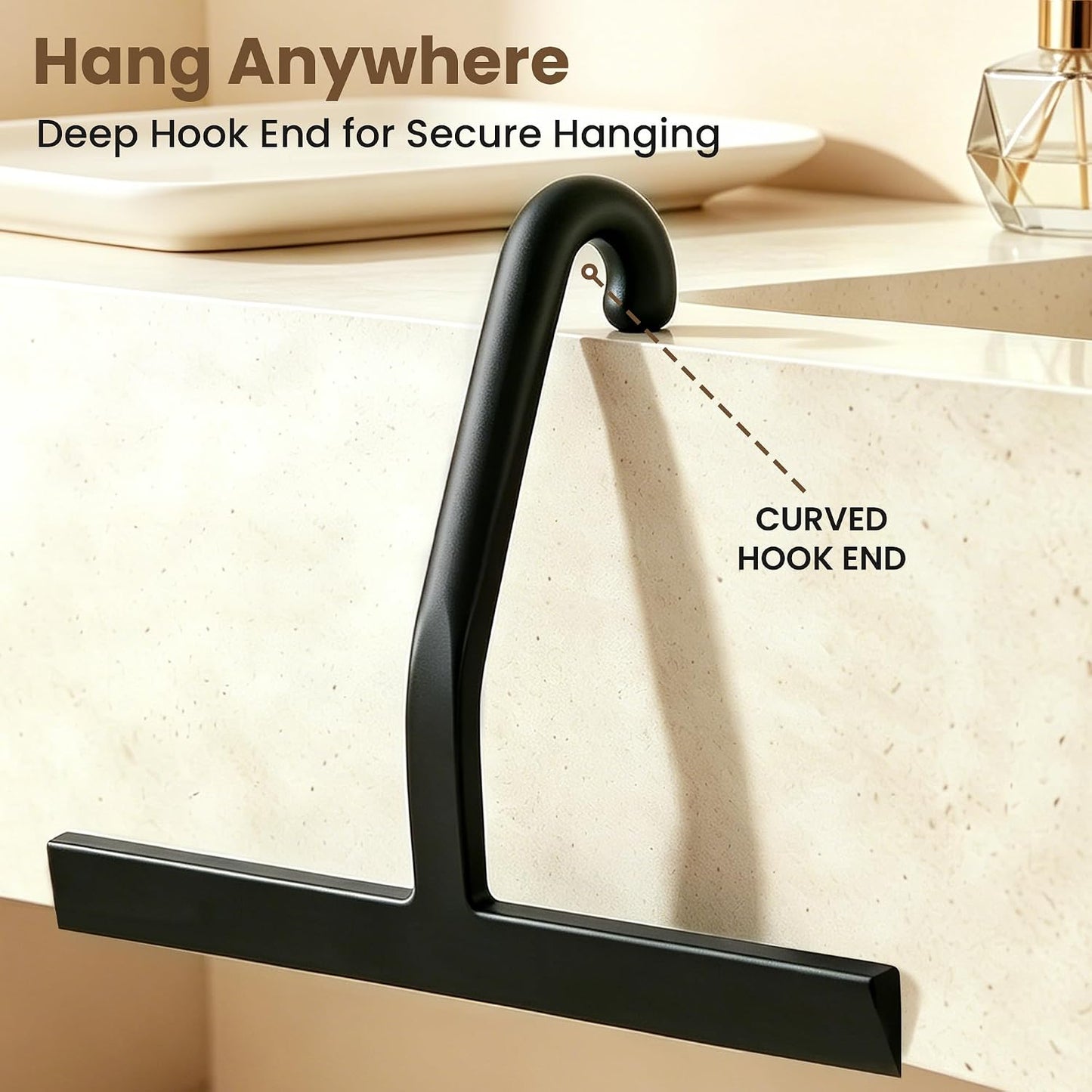 Shower Squeegee for Glass Doors - 10 Inch Bathroom Squeegee with Ergonomic Round Grip, Built-in Hook, Streak-Free No-Squeak Silicone Blade for Shower Glass, Tile Walls, Mirrors & Windows, Black