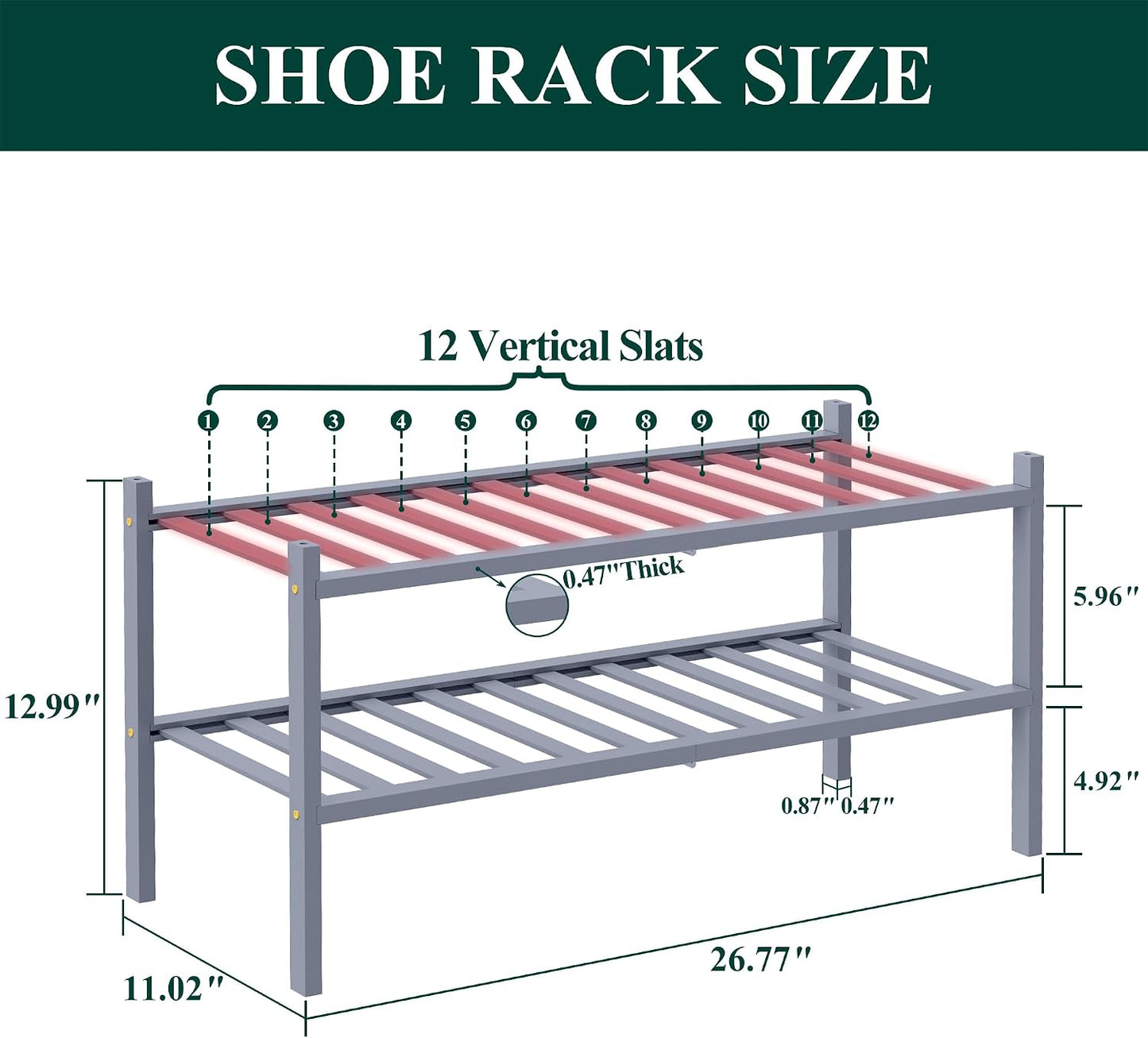 Smiry Bamboo Shoe Rack, 3 Tier Free Standing Wooden Shoe Organizer, Stackable Wood Shoe Storage Shelf for Closet, Entryway, 12 Vertical Slats, 2+1 Stack Standard Legs, 26.8"x11"x19.5", Natural