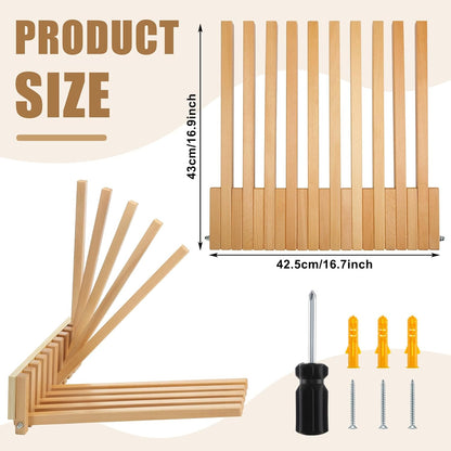 Domensi Beech Wood Wall Mounted Drying Rack for Laundry Room with 10 Mount Folding Coat Hooks Racks Drying Hanger for Bathroom Hat Towels Robes Rack Saving Space (Wood Color)