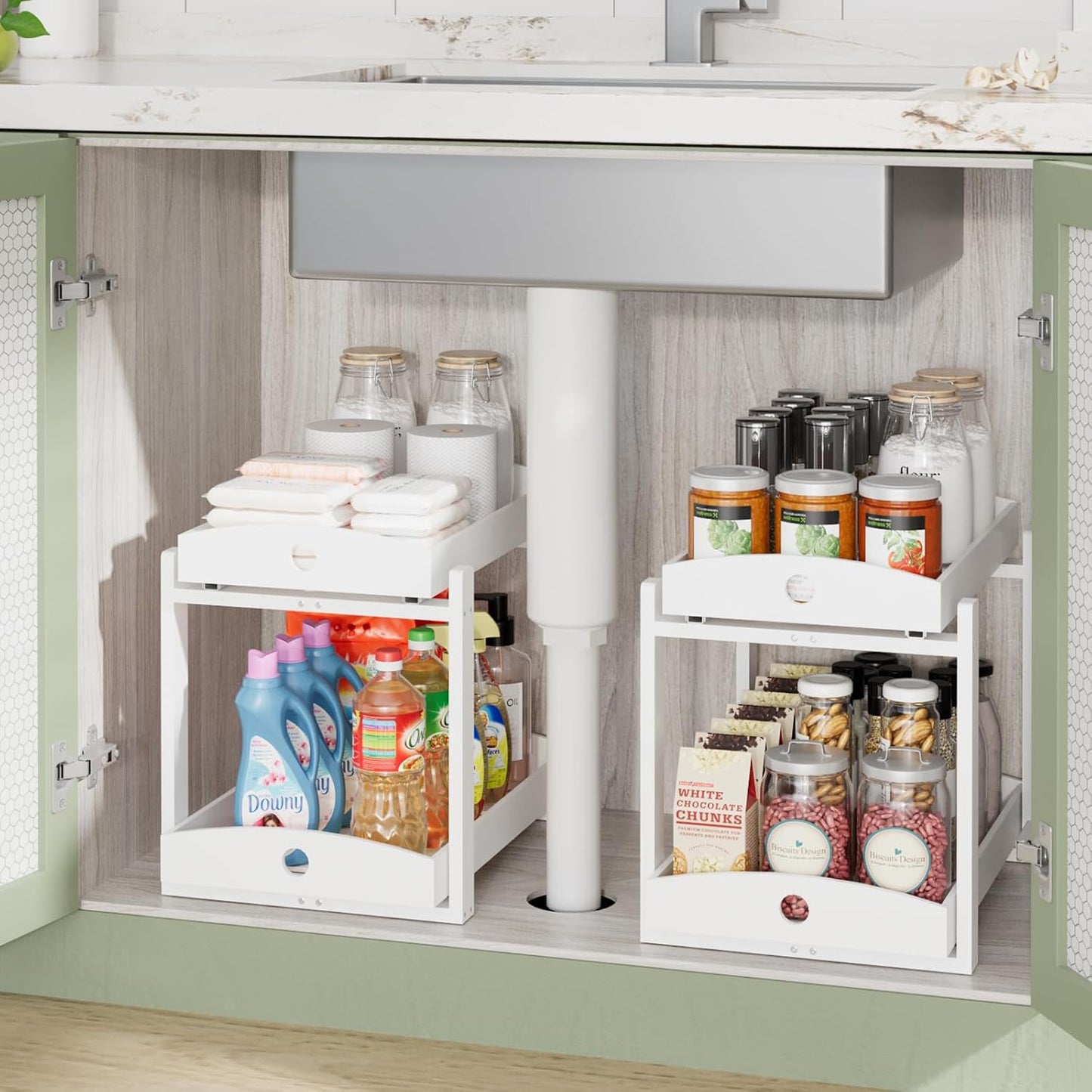 APRTAT 2 Pack Under Sink Organizer, Bamboo Wooden 2-Tier Pull-Out Storage with Sliding Drawers for Kitchen and Bathroom Cabinets, Easy Installation (Natural)