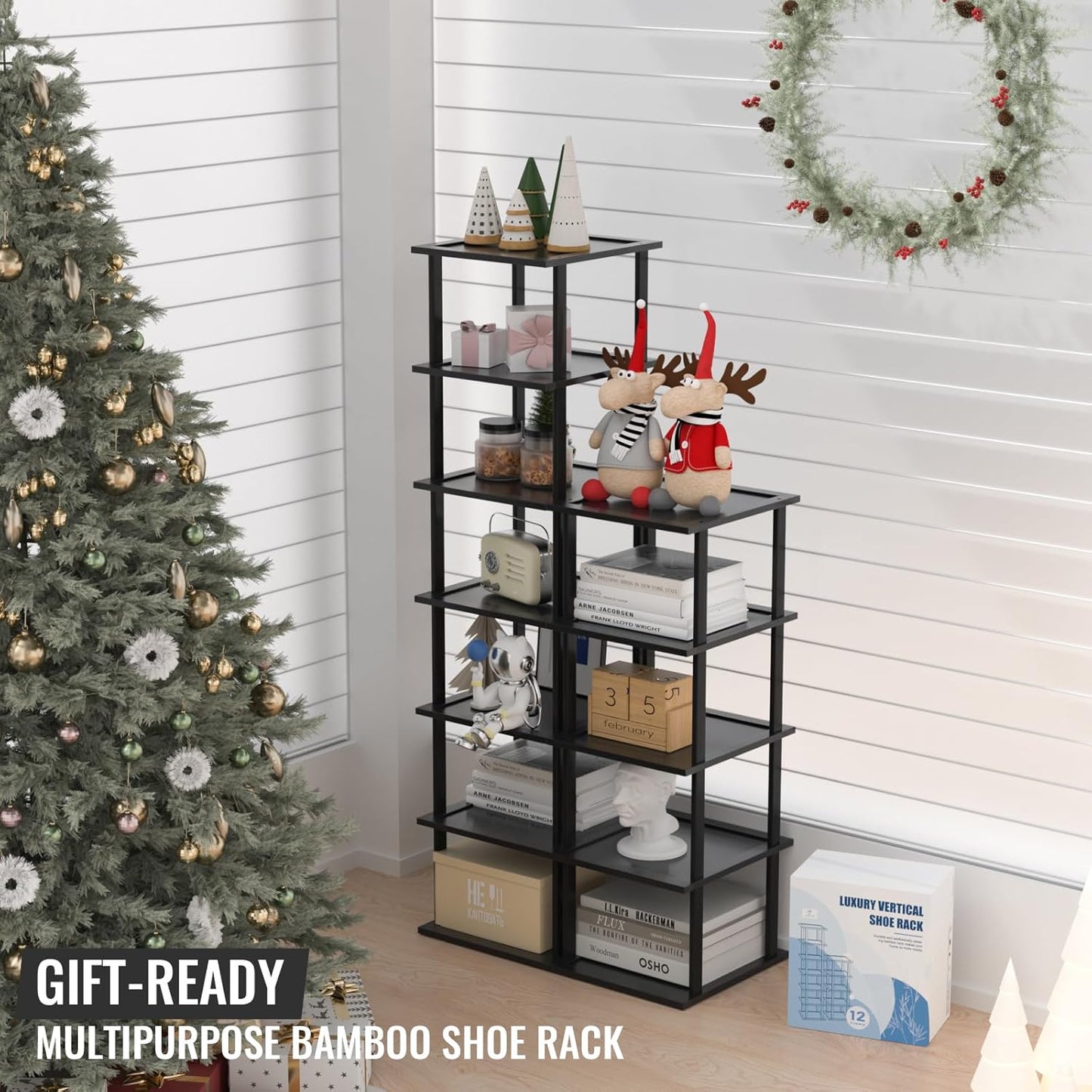 MHXW SXPN Bamboo Free Standing Shoe Rack Shelf Multi Tier Tall Wooden Stackable Shoes Rack Organizer for Closet Front Door Entrance Narrow Vertical Shoe Storage (Nature, 7 Tiers)