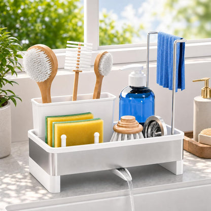 Laveshop Sponge Holder for Kitchen Sink, Rustproof Stainless Steel Sink Caddy with Auto-Drain, Removable Brush Holders, Soap and Dishcloth Organizer, Black
