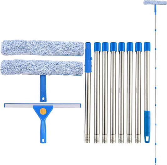 10Ft Window Cleaning Kit with Extension Pole, 14" Squeegee and 15" Scrubber with Long Handle, Window Cleaner Tool Washing Equipment for Outdoor High Windows Glass