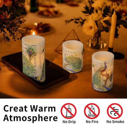 Glass Flameless Candles Flickering Battery Operated LED Pillar Candles Set of 3 with Timer and and 10-Key Remote Green Branch Floral Spring Summer Theme for Wedding Festival Home Decoration