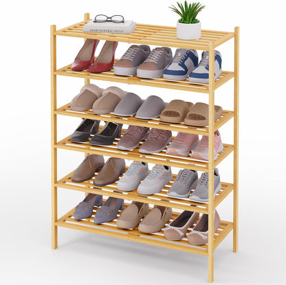 Smiry Bamboo Shoe Rack, 3 Tier Free Standing Wooden Shoe Organizer, Stackable Wood Shoe Storage Shelf for Closet, Entryway, 5 Horizontal Slats, 26.8"x11"x18.3", Natural