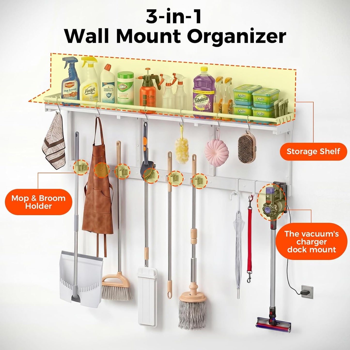 Broom Holder Wall Mount with Shelf,Broom Hanger,3 in 1 Broom and Mop Organizer Wall Hanging for Laundry,Garage,Utility,Broom Rack,Vacuum Stand Alternative,Cleaning Supplies Organizer Storage,White,L