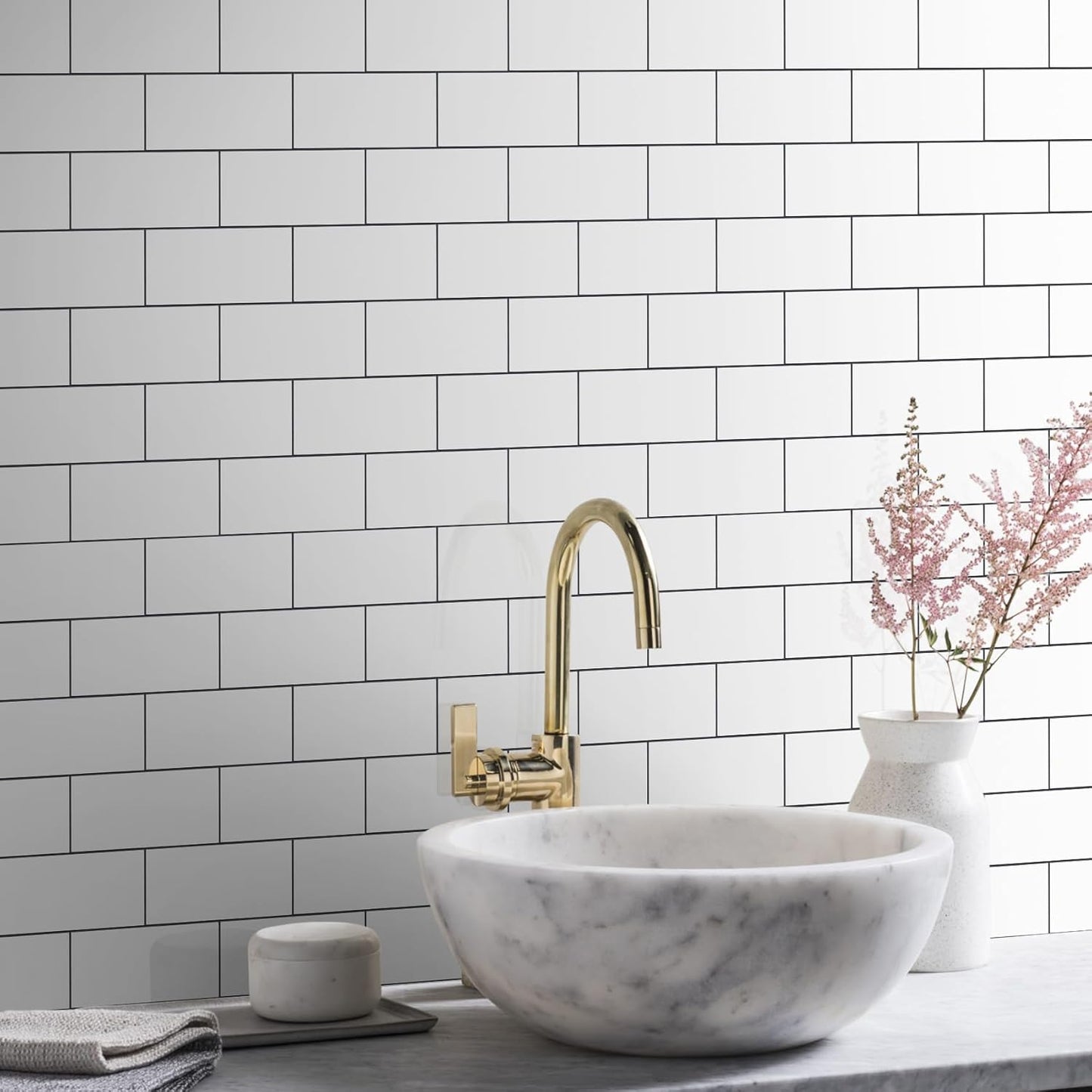 Vamos Tile 100-Piece Glossy Dolomite White Peel and Stick Backsplash Tile,3''x6'' PVC Subway Tile with White Grout, Stick on Backsplash for Kitchen/Bathroom/Fireplace