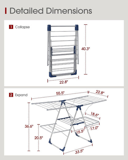 Sakugi Clothes Drying Rack, Foldable 2-Level Laundry Drying Rack with Height-Adjustable Wings, for Clothing & Bedding, Free-Standing Space-Saving Rack, Indoor & Outdoor, 55.5" L × 22.8" W, Gray